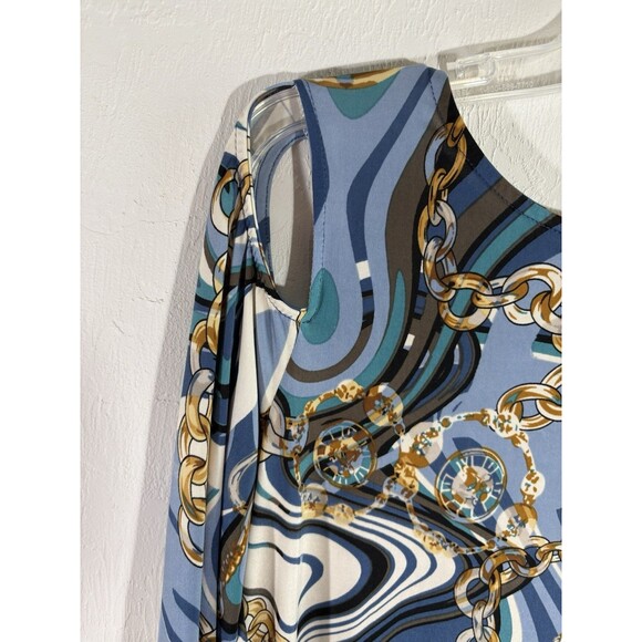 Patchington Women Blue Gold Chain Stretch Asymmetrical Small Open Shoulder Top - Picture 2 of 7